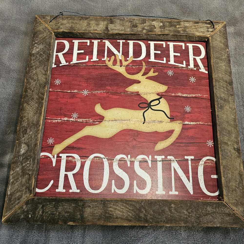 Reindeer Crossing Holiday Rustic Wall Art - Red and Brown